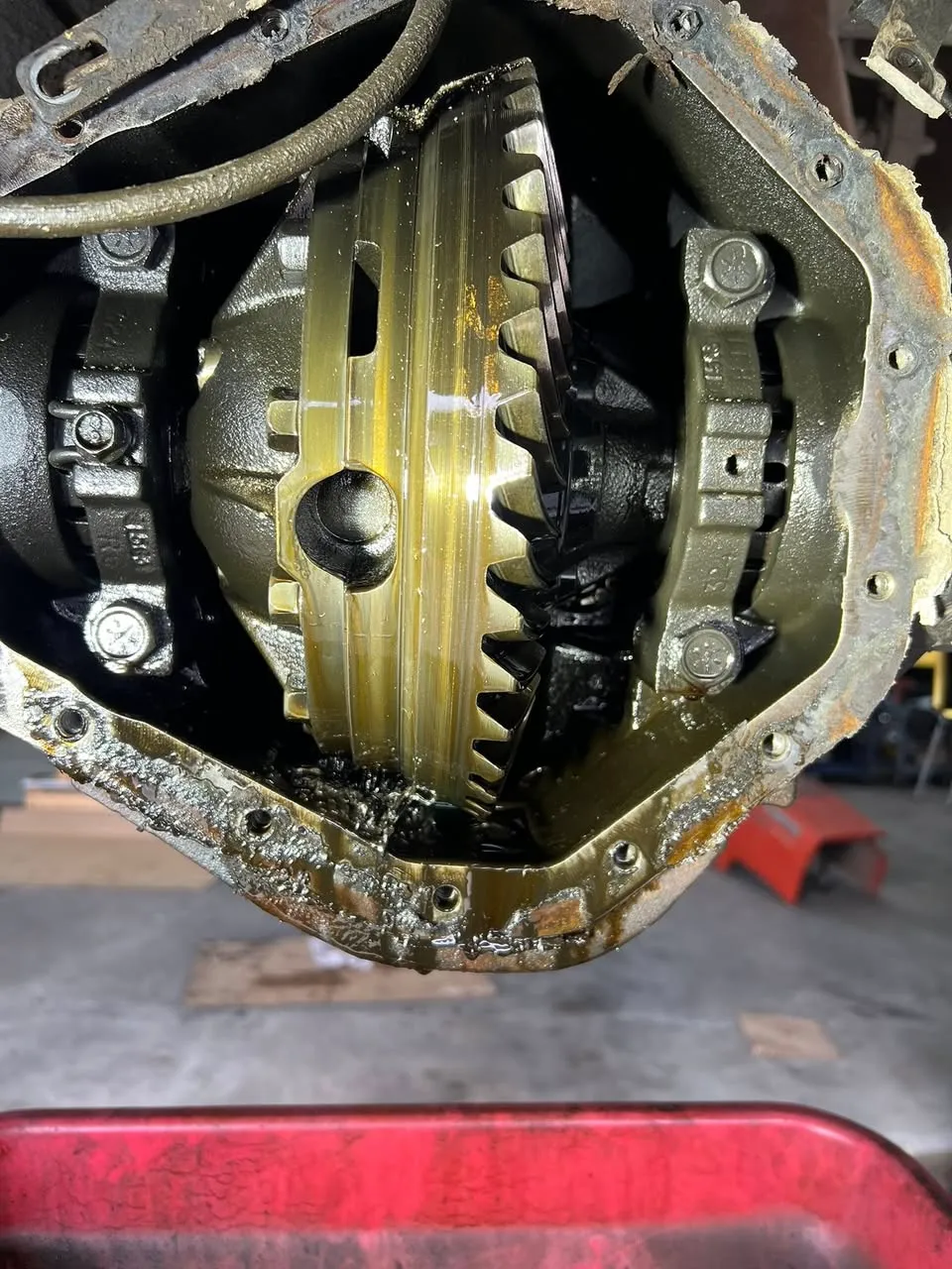 Ring-and-pinion gear set inside a freshly opened differential