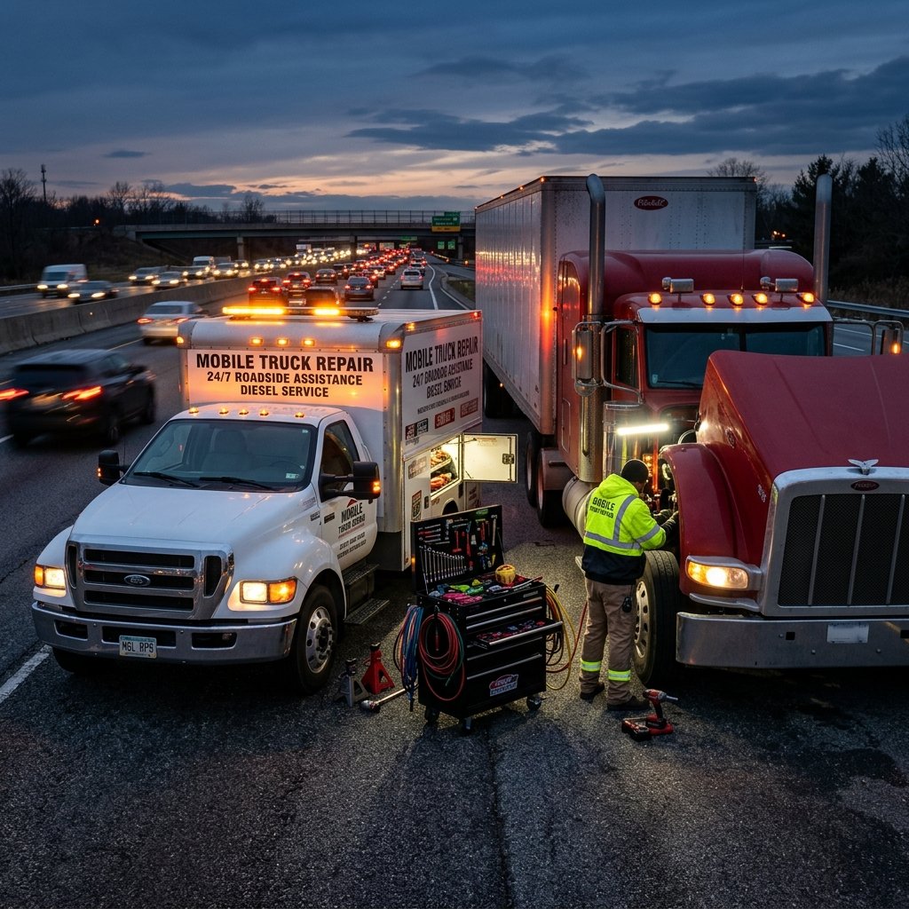 Service truck on a dark highway at night
